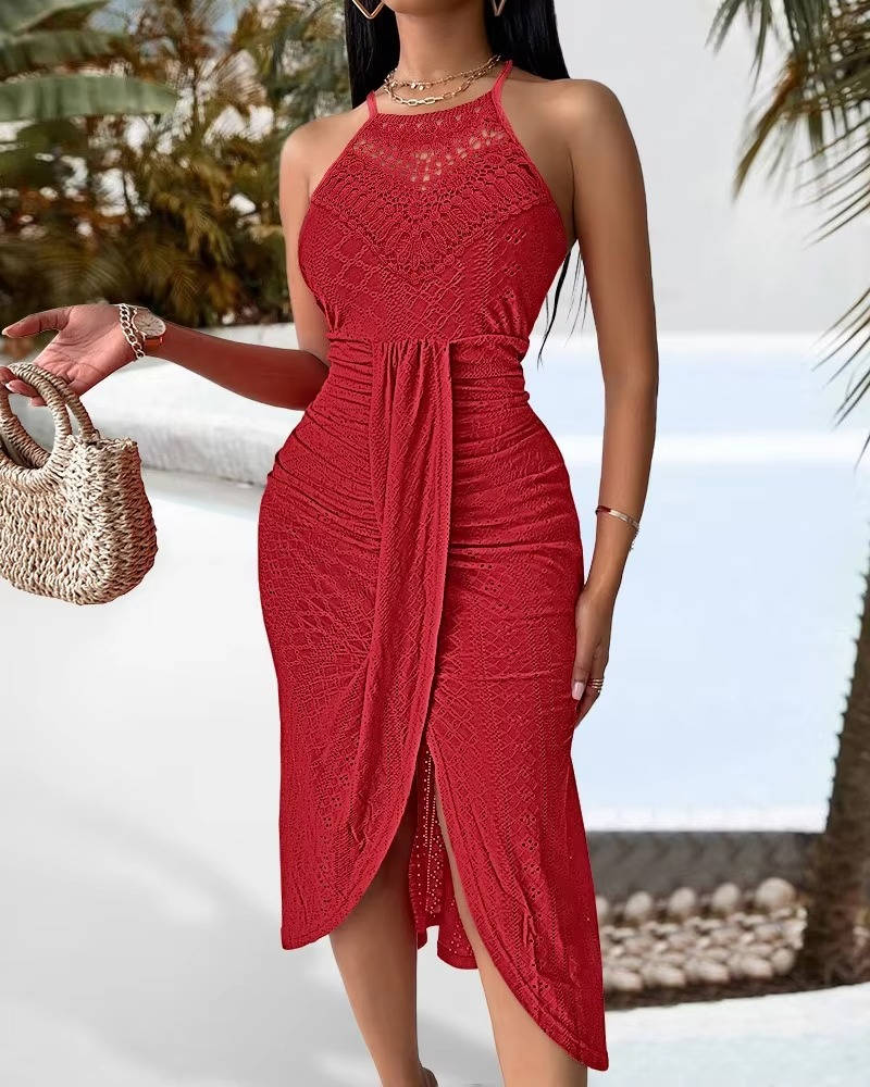 Versatile women's halter maxi dress, A-line, slit design. Perfect for formal events, beach or parties.