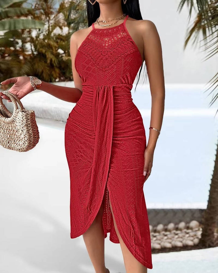 Versatile women's halter maxi dress, A-line, slit design. Perfect for formal events, beach or parties.