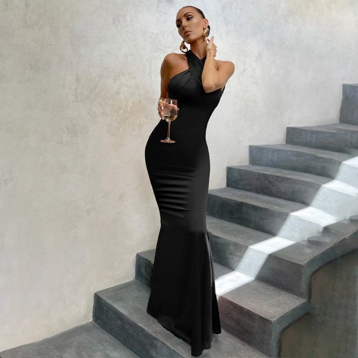 Elegant women's halter mermaid maxi dress, perfect for wedding guests or formal evening events.