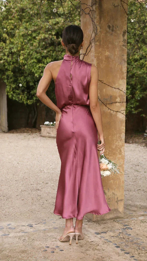 Versatile women's elegant halter midi dress. Flattering for summer parties, formal events & special occasions.