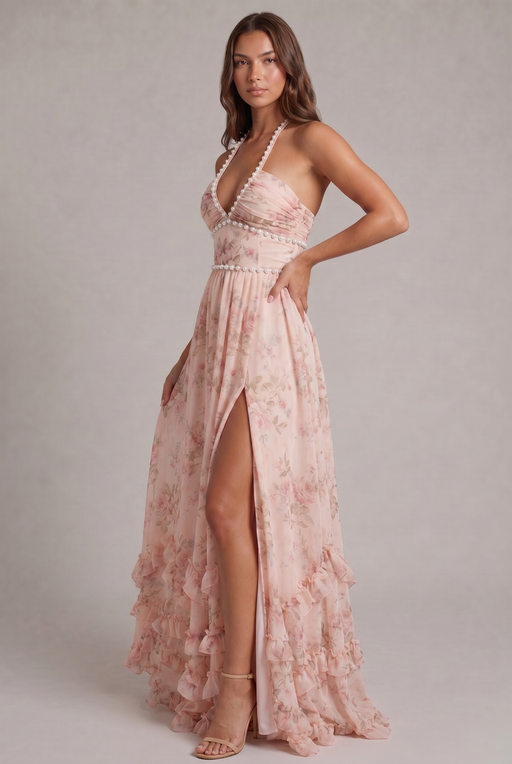 Vibrant floral print halter maxi dress for women, ideal as an elegant party or special occasion dress.