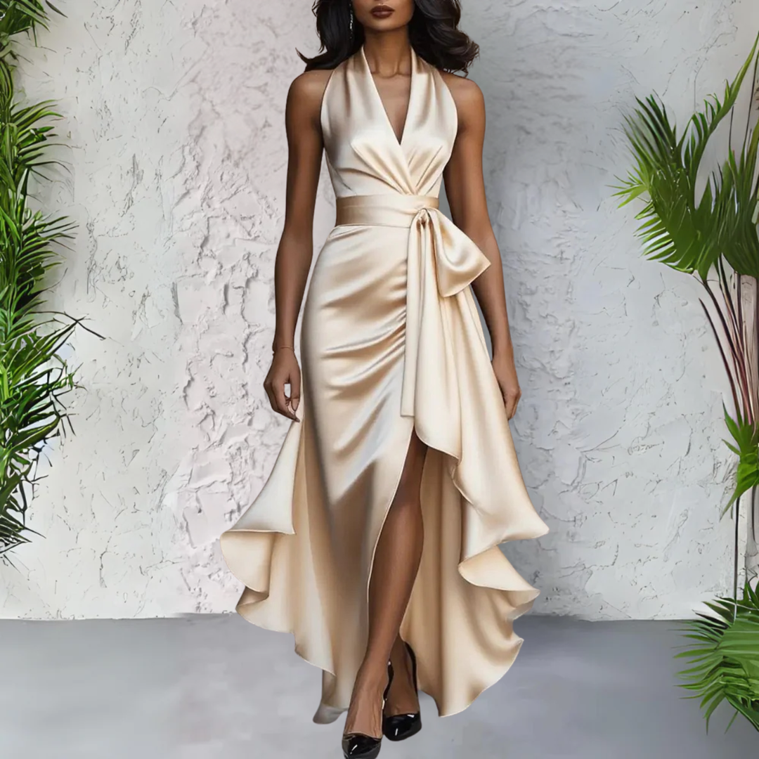 Elegant women's halter neck maxi dress, perfect for special occasions & evening parties.