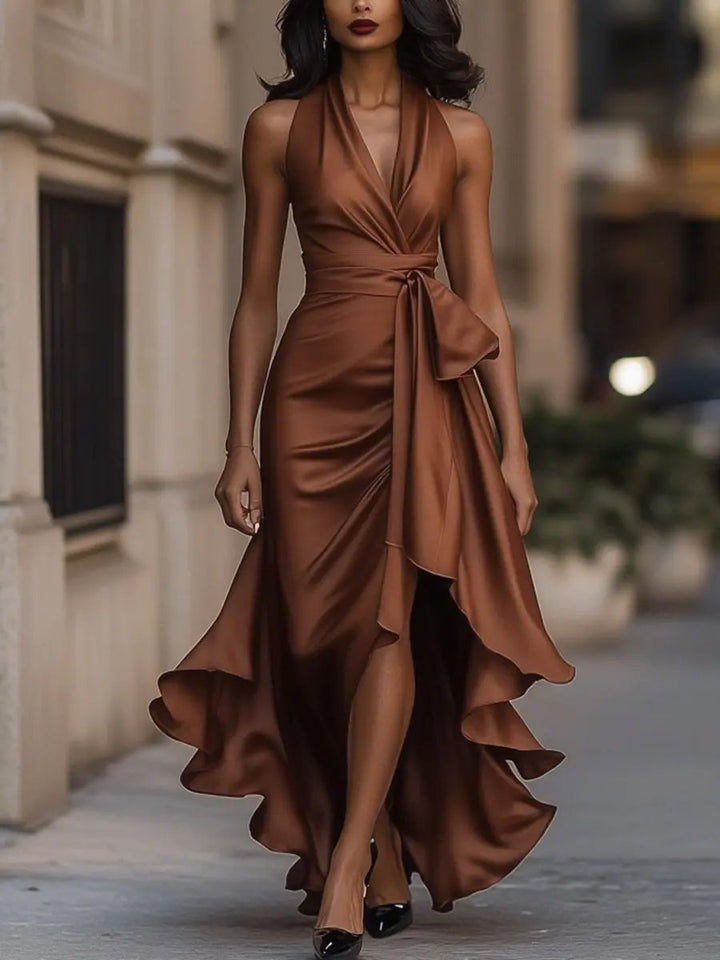 Beautiful women's flowing halter maxi dress, an elegant choice for any special occasion.