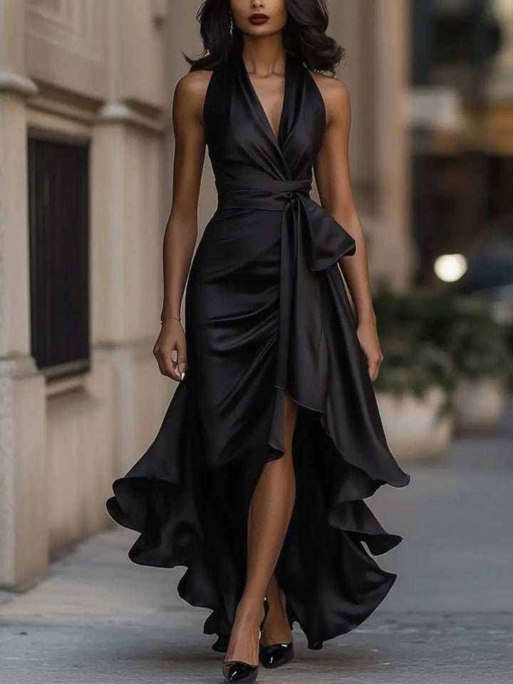Formal women's halter neck V-neck maxi dress, a perfect evening gown for parties.
