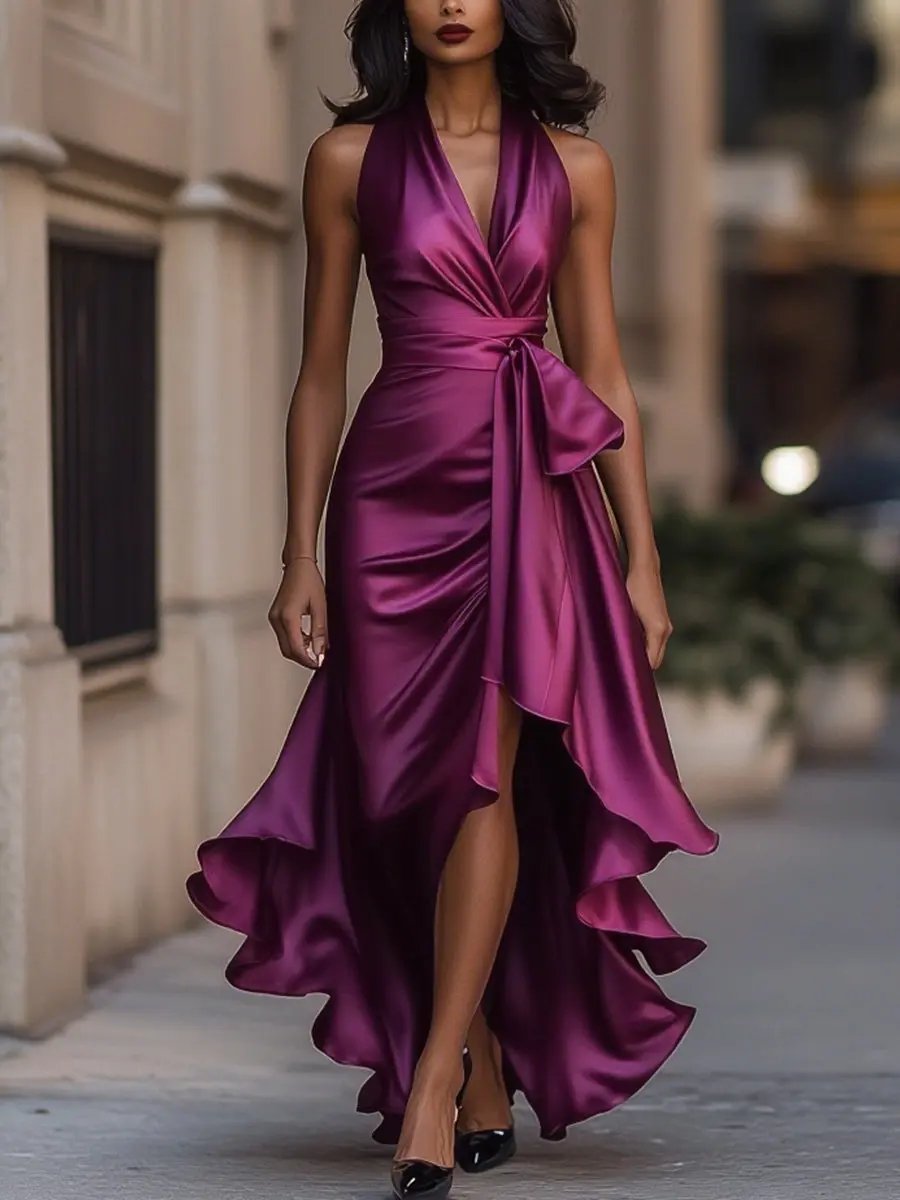 Women's elegant halter neck long dress, ideal for special occasions and formal events.