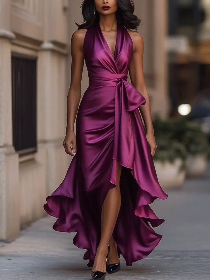 Women's elegant halter neck long dress, ideal for special occasions and formal events.