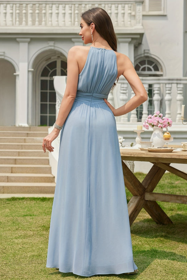 Stunning A-line halter neck maxi dress for women, ideal for wedding guests, bridesmaids, or prom.