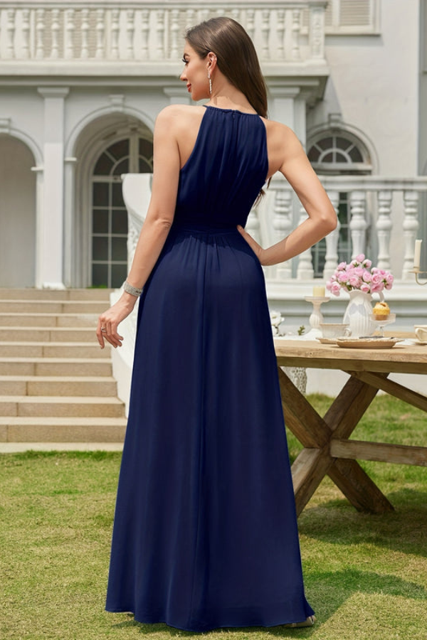 Women's elegant halter neck maxi dress, a stylish and long A-line evening gown.