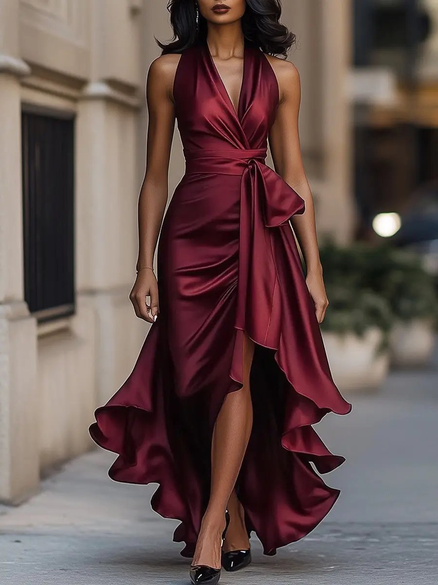 Sophisticated women's long halter dress, ideal as a cocktail or special occasion dress.