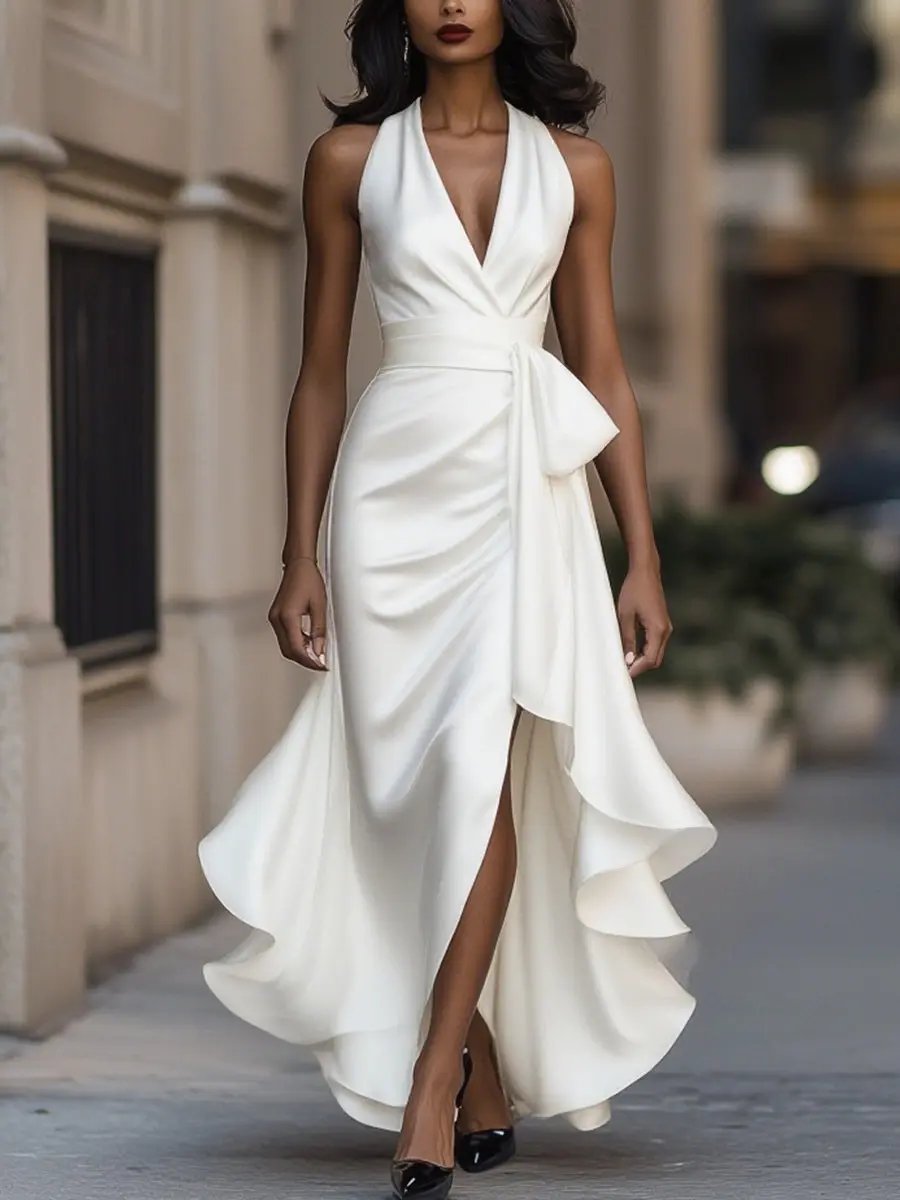 Elegant women's backless halter maxi dress, a flowing evening gown for formal wear.