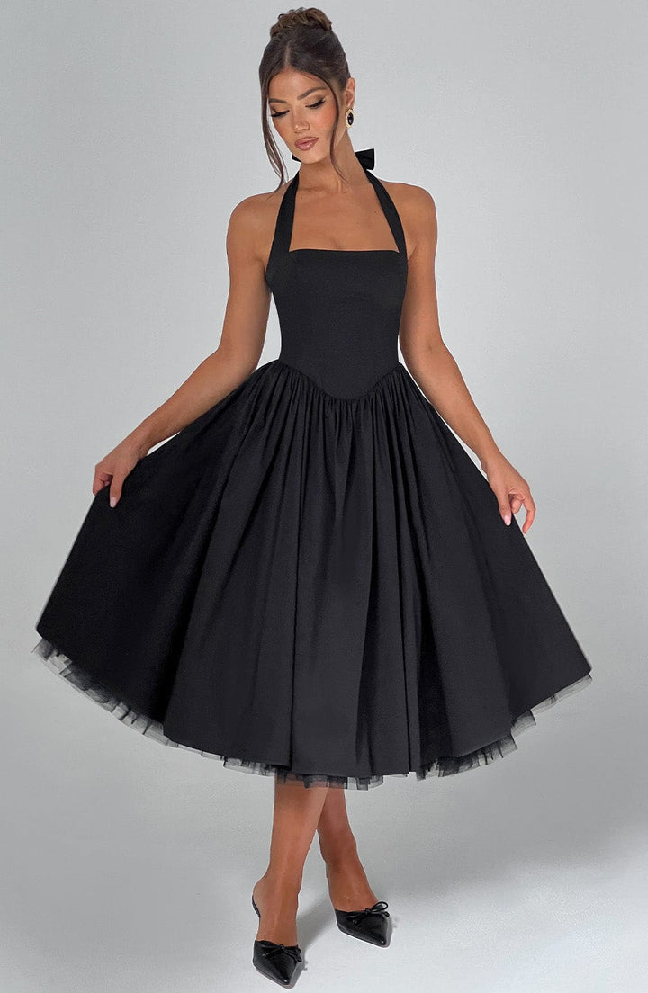 Flattering A-line midi party dress with a stylish halter neckline.