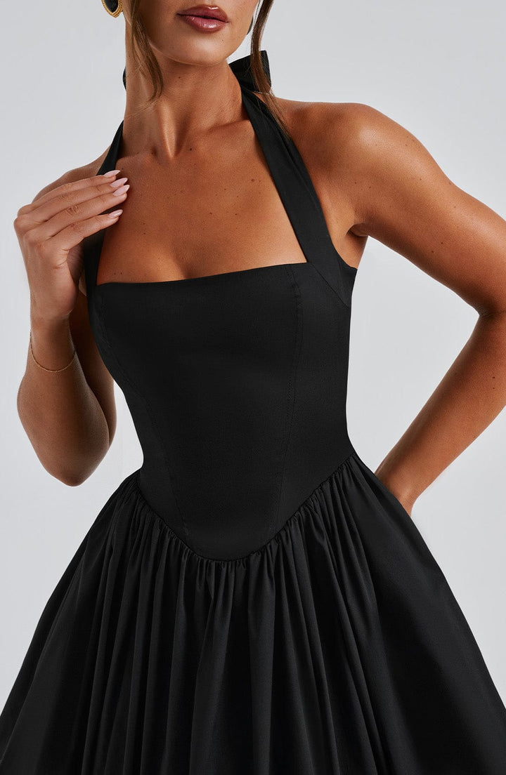 Halter neck flared skirt midi dress, perfect elegant cocktail attire.
