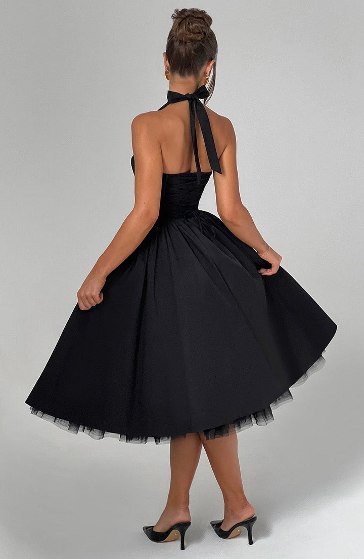 Women's formal party midi dress, elegant A-line silhouette and halter neck.