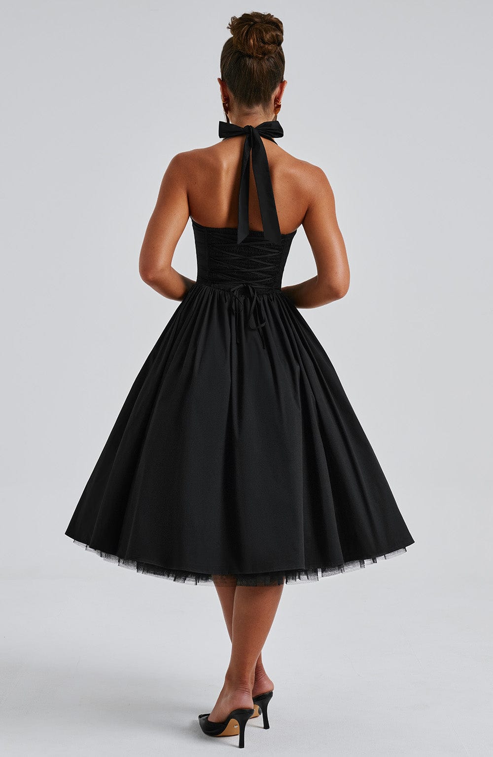 Stunning elegant midi cocktail dress, women's halter neck design.