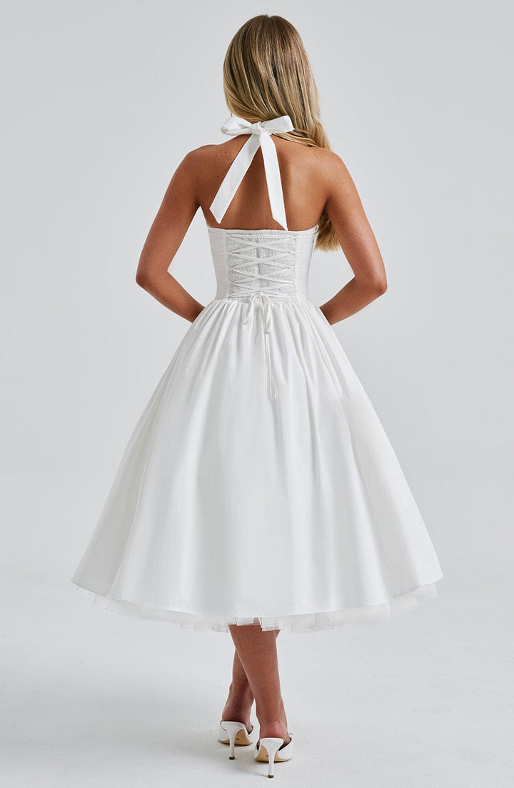 Classic elegant women's formal midi dress with a stunning halter neck.