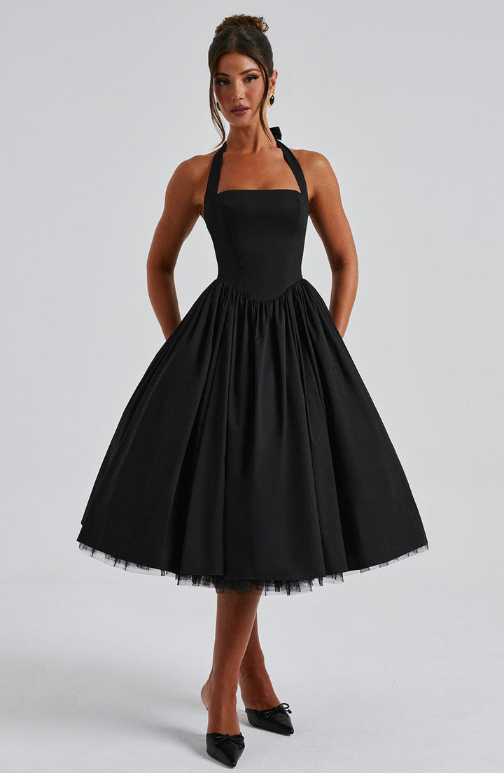 Halter neck midi cocktail dress for women, suitable for any elegant event.