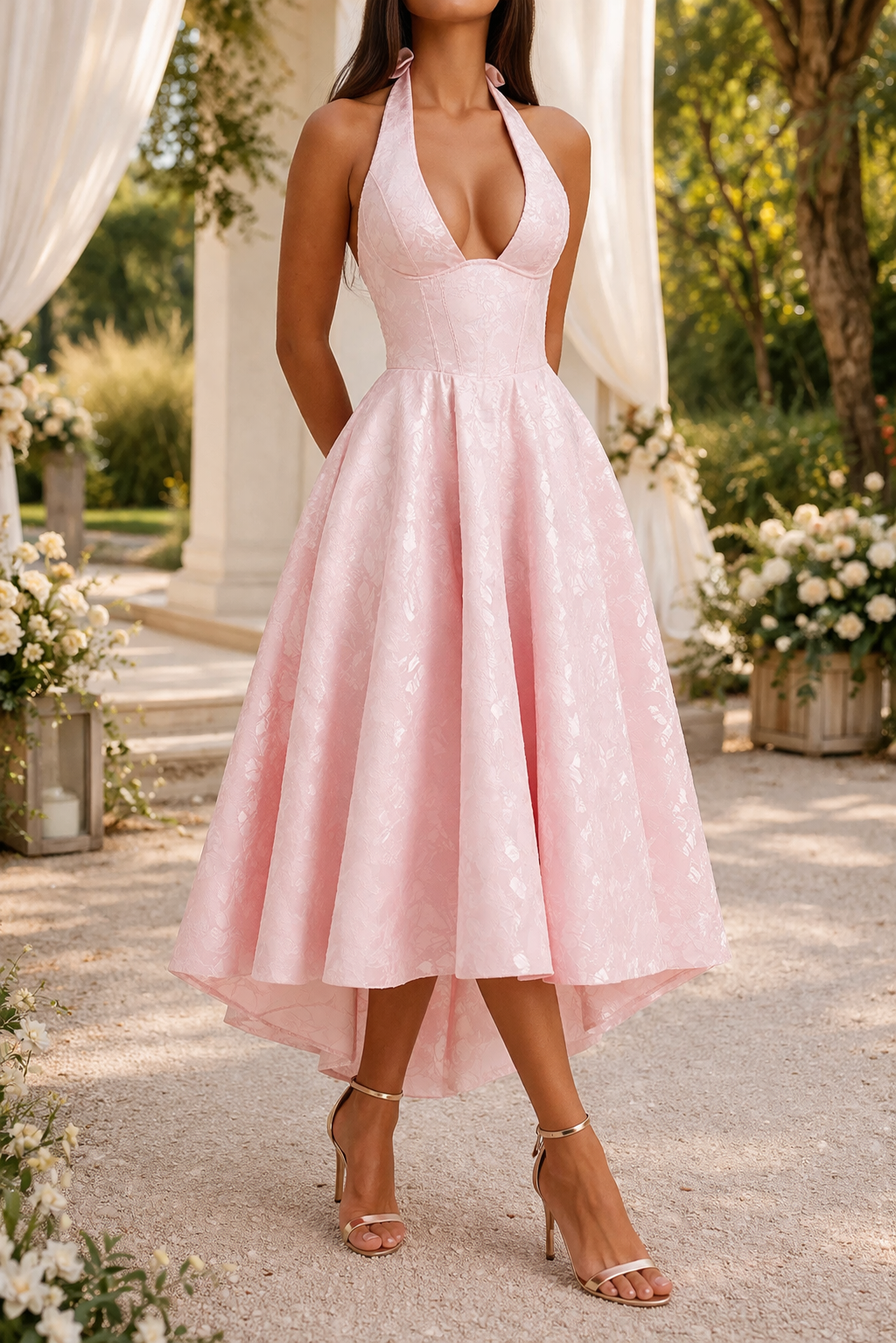 Elegant women's halter neck midi dress, perfect for a wedding guest. Fitted bodice, flared skirt, summer special occasion.