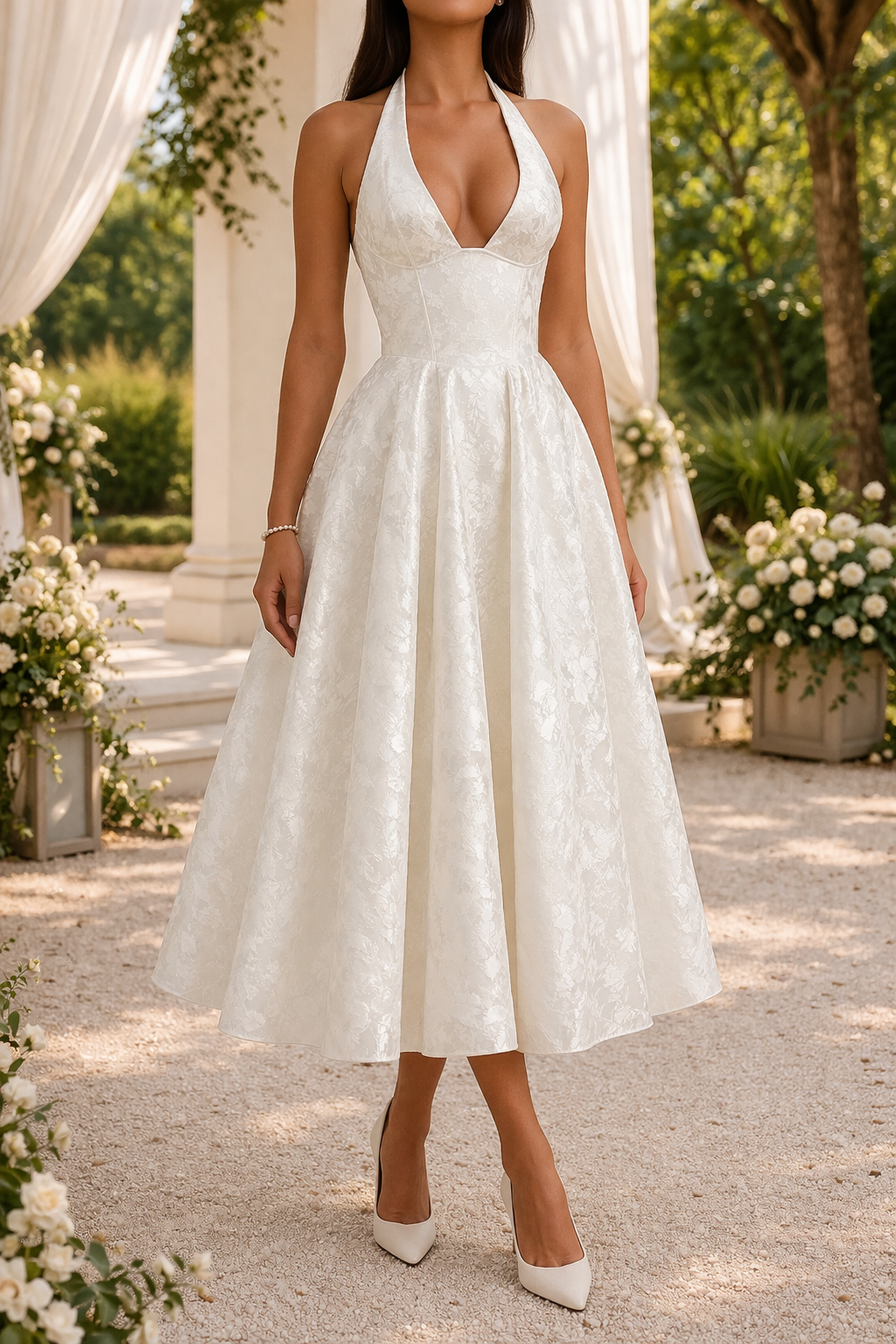 Stylish halter neck midi dress for women, ideal for a formal party or cocktail event. Elegant fashion attire.