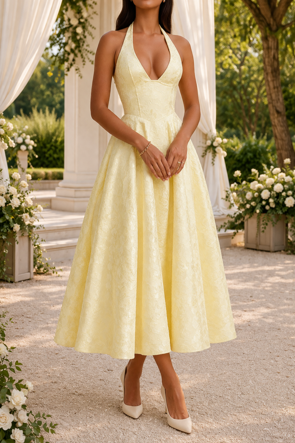 Chic women's halter neck midi dress with a flattering silhouette. Versatile formal or special occasion wear.