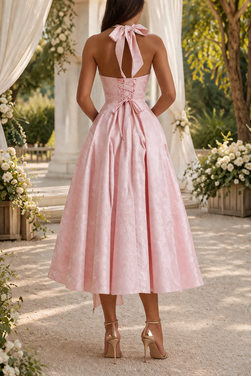Beautiful women's halter neck midi dress, flowy and elegant, suitable for a wedding guest or summer party.