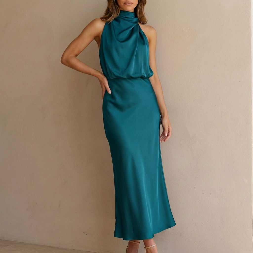 Sleeveless halter neck midi dress for women, elegant draped design, perfect for formal & special occasions.