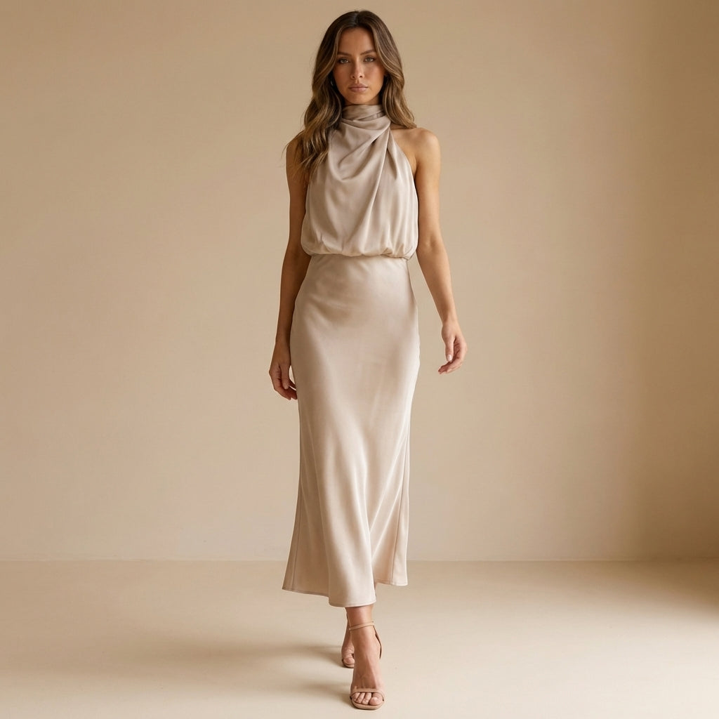 Formal women's party dress: midi length halter neck with elegant draping & blouson waist. Stylish evening wear.