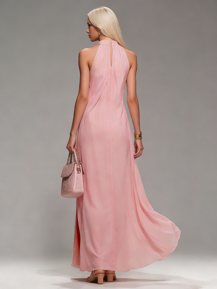 Flowy women's halter neck maxi dress with a sexy slit, ideal for elegant summer events, evening wear, or parties.