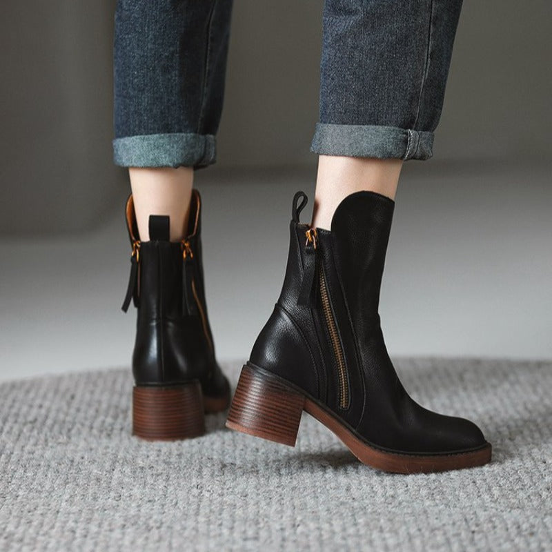 Women's formal high heel ankle boots, designed for elegance and ease with a side zipper.