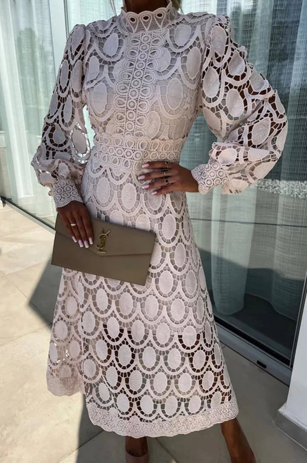 Chic long sleeve A-line midi cocktail dress with high neck for women. Ideal party & formal event attire.