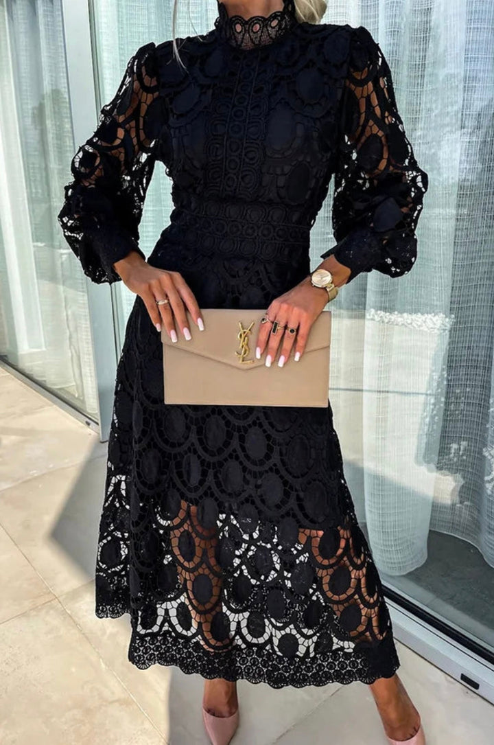 Timeless women's high neck A-line formal midi dress. Elegant evening wear, perfect for special occasions.