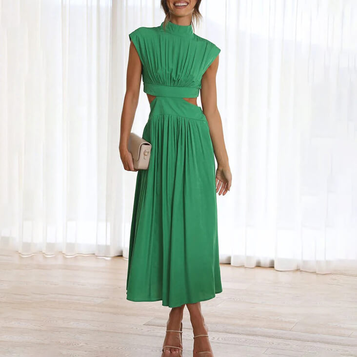 Elegant women's high-neck cutout midi dress, perfect for wedding guests or special occasions.