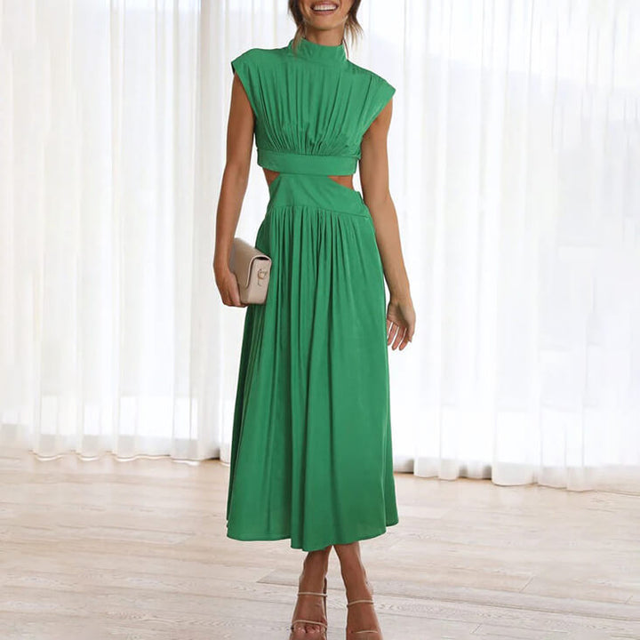 Elegant women's high-neck cutout midi dress, perfect for wedding guests or special occasions.