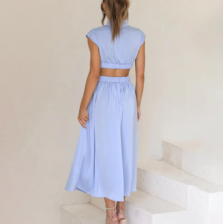 Chic women's A-line midi dress, high-neck and elegant cutout, great for formal events.