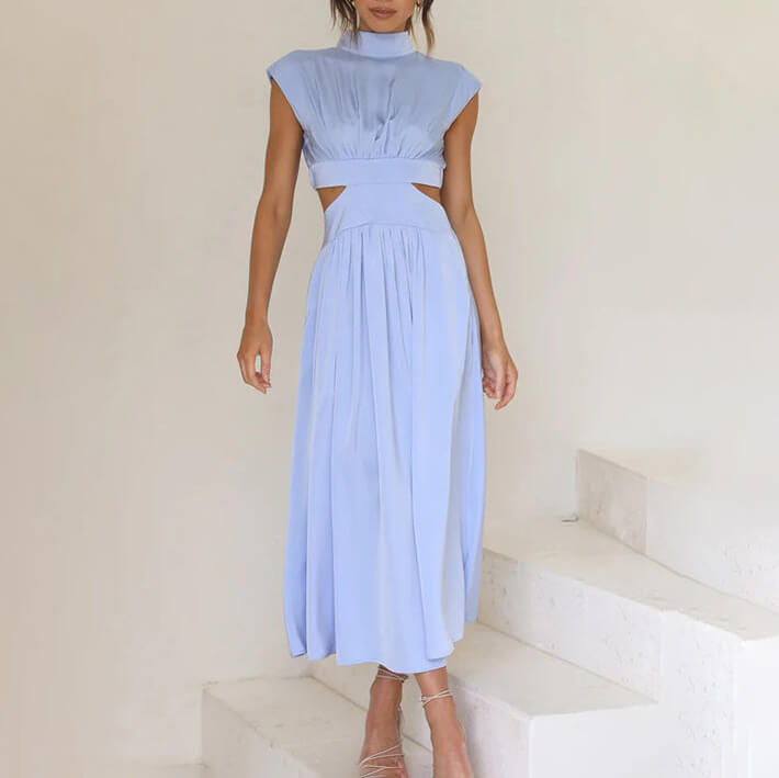 Stylish women's midi dress with a high neck and waist cutout, perfect formal wear.