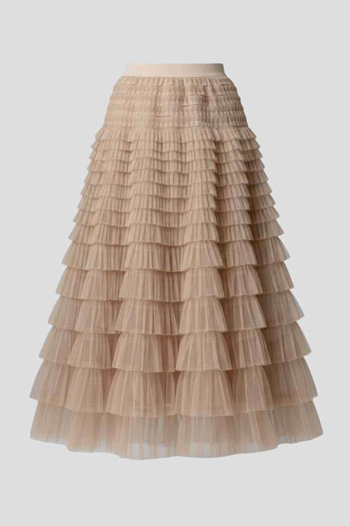 Elegant women's high-waist tiered ruffle midi skirt, perfect for formal or casual wear.