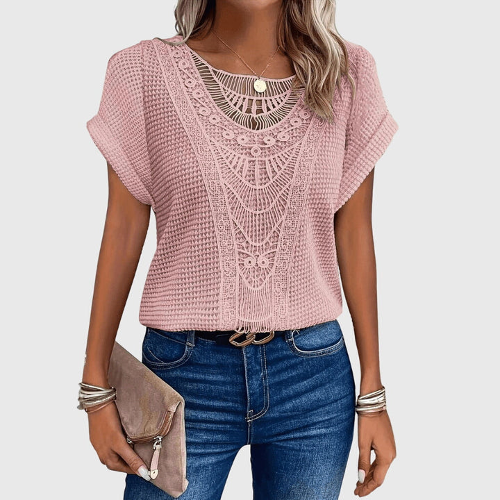 Chic Ibiza style lace blouse for women, perfect for resort wear and summer elegance.