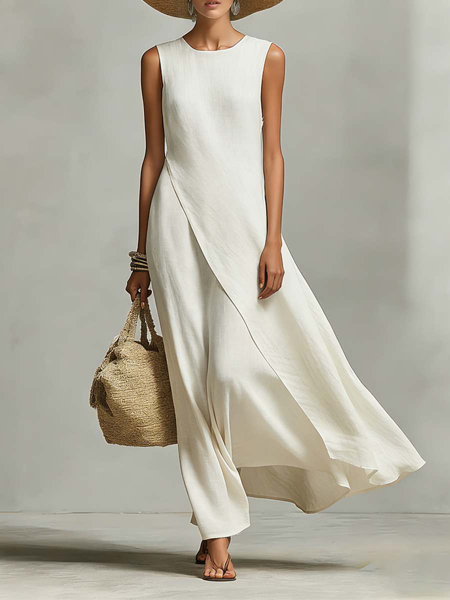 Elegant women's ivory flowy asymmetric hem sleeveless maxi dress, perfect for summer vacation style.