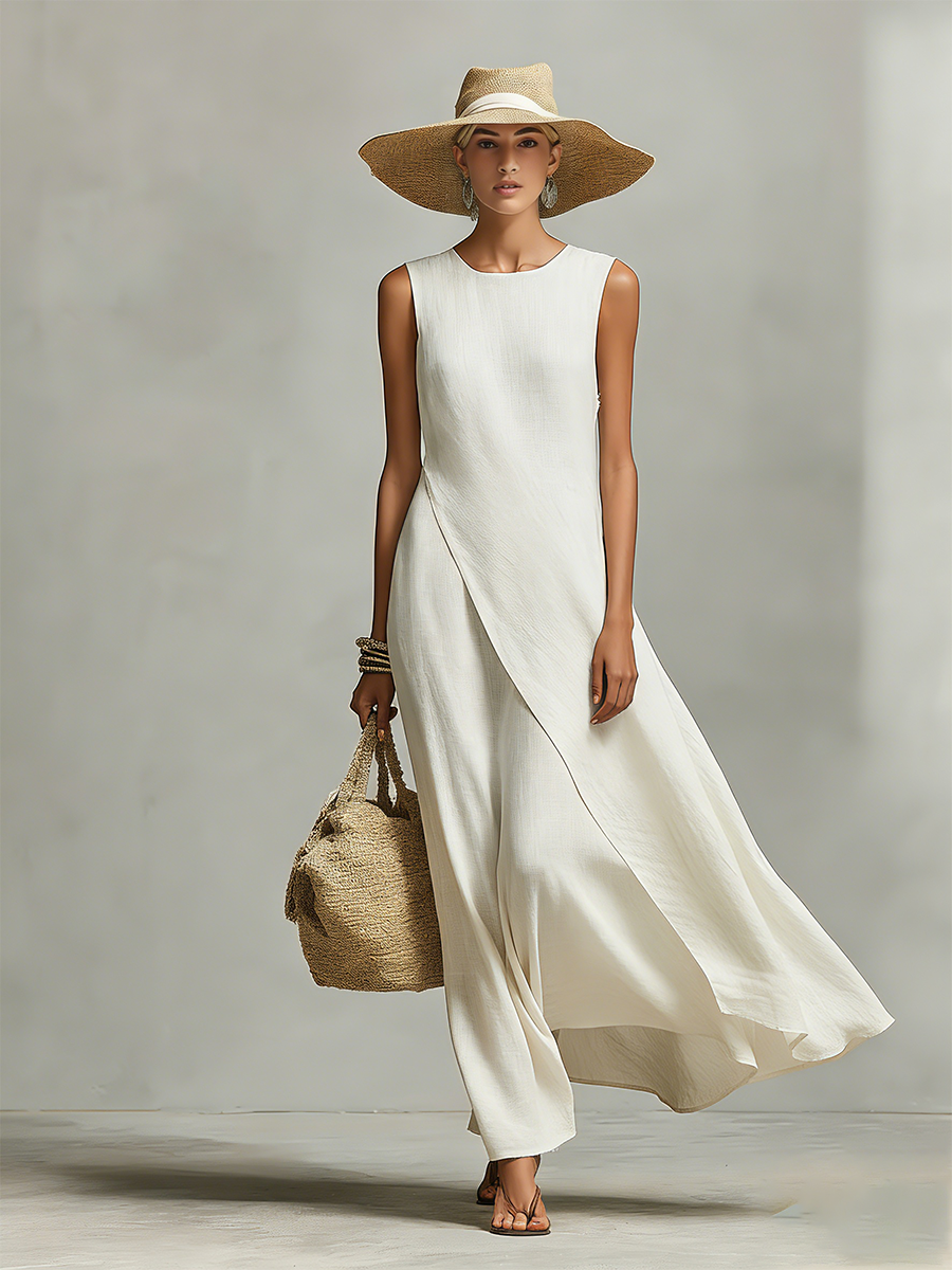 Comfortable sleeveless maxi dress for women featuring a stylish flowy asymmetric hem. Ideal for summer.