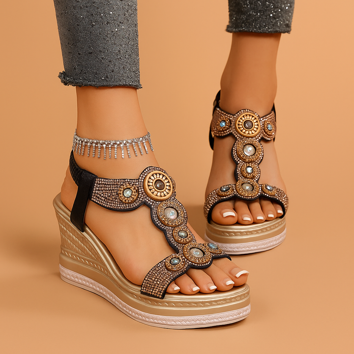Elegant women's jeweled wedge sandals with cushioned platform & ankle strap, perfect for summer comfort & style.