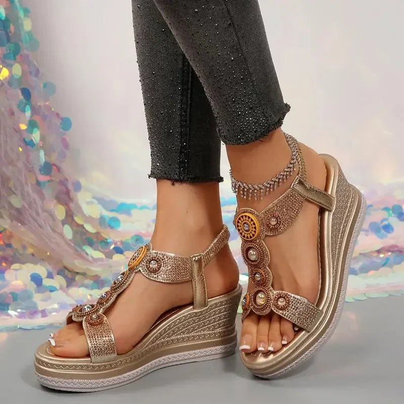Stylish women's jeweled wedge sandals featuring a comfortable platform, cushioned footbed, & chic ankle strap design.