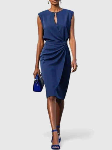 Elegant women's keyhole midi cocktail dress with ruched waist, perfect for evening wear & special occasions.
