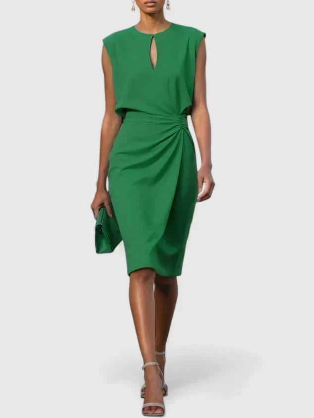 Sophisticated women's keyhole sleeveless midi dress, ideal as a party or wedding guest dress with ruched waist.