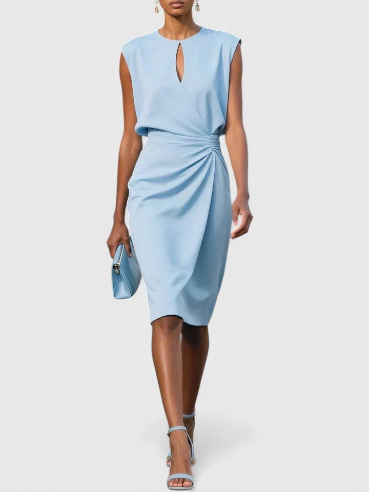 Chic A-line midi dress for women featuring a stylish keyhole neckline & flattering ruched waist, elegant evening wear.