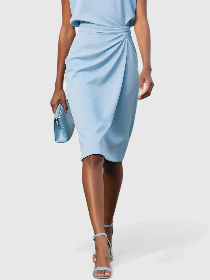Women's formal keyhole midi dress, ruched waist detail, sleeveless, perfect for cocktail parties & special events.