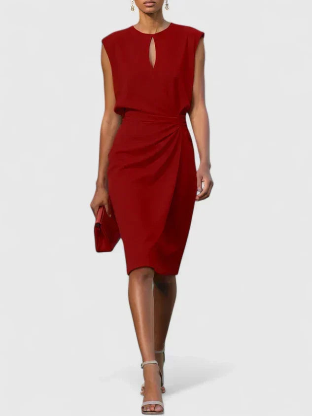 Stylish women's midi dress featuring a unique keyhole neckline & comfortable ruched waist. Great for cocktail parties.