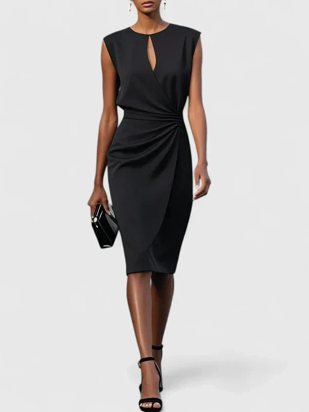 Fashionable women's A-line midi dress with keyhole detail & ruched waist. Versatile for evening wear or special events.