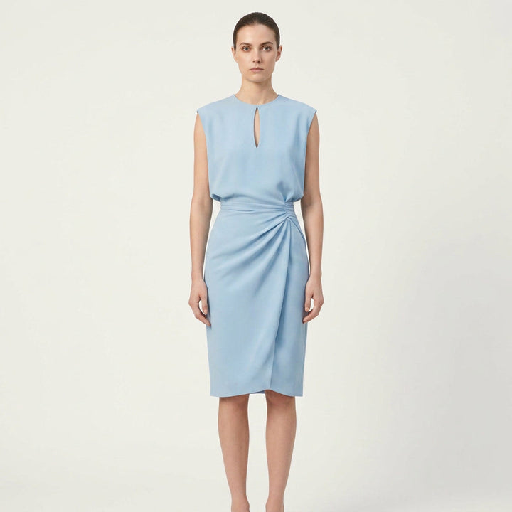 Elegant women's keyhole neck ruched waist midi cocktail dress. Perfect for formal events & wedding guests.