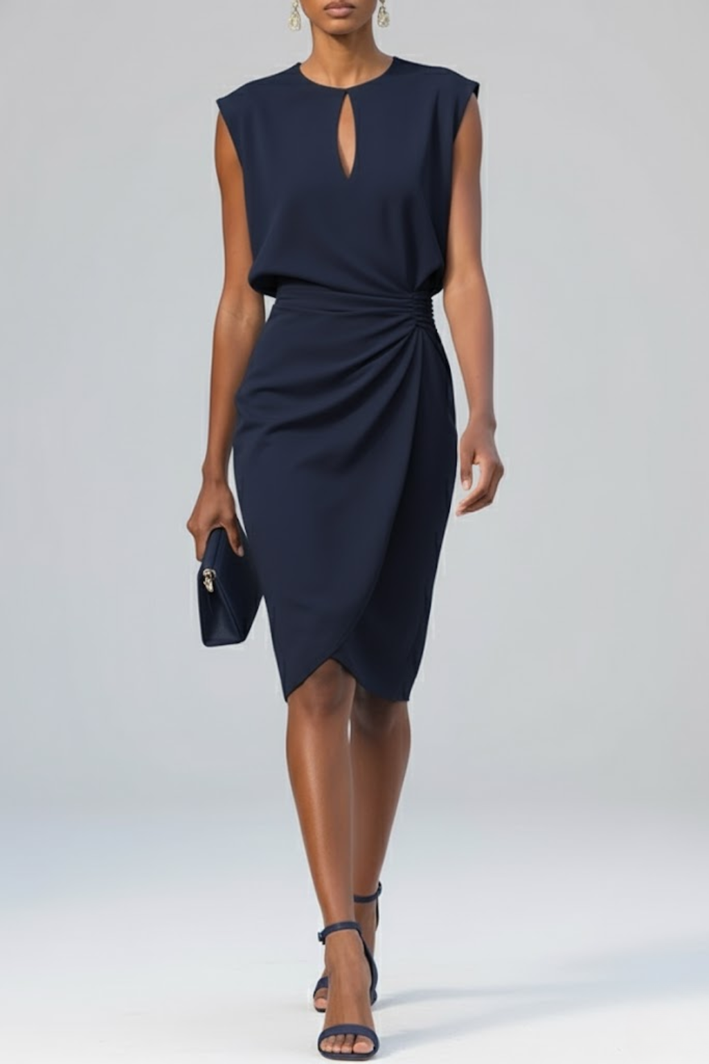 Chic women's formal midi dress featuring a keyhole neckline & ruched waist. Stylish for cocktail parties & weddings.