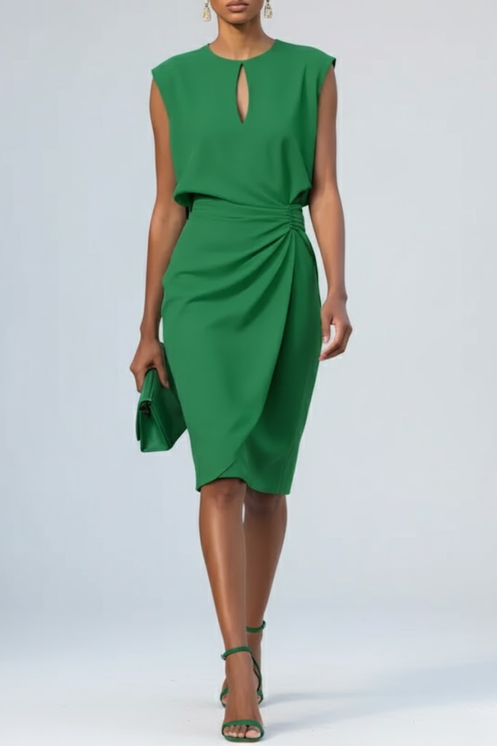Women's midi cocktail dress, keyhole neck, ruched waist. Elegant slim fit for evening wear or wedding guest.
