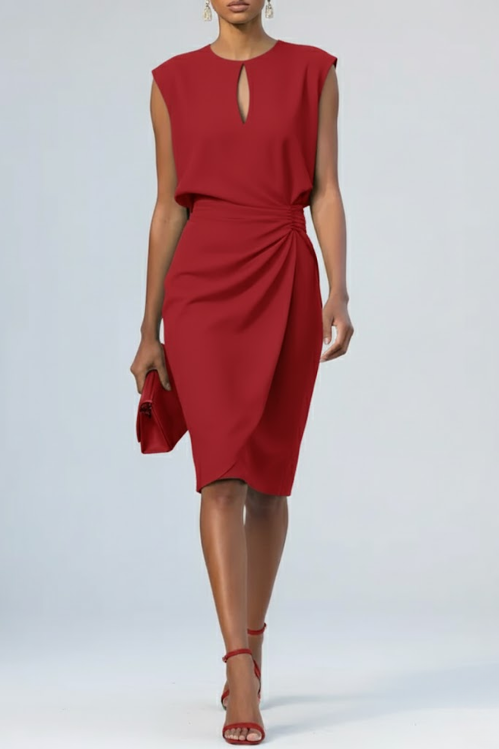 Sophisticated women's keyhole neck & ruched waist midi dress. Ideal for cocktail parties, formal events, and evenings.